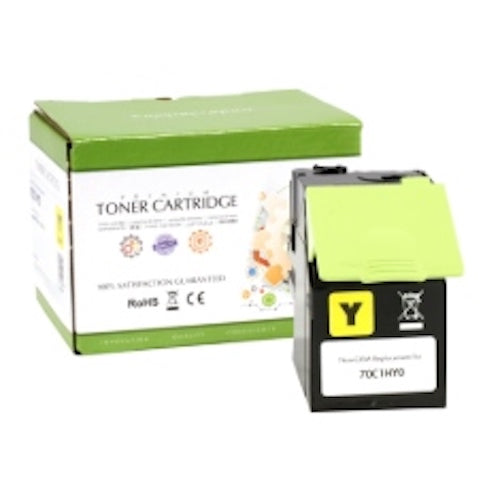 A yellow toner replacement cartridge shown next to its green and white retail box on a plain white background.