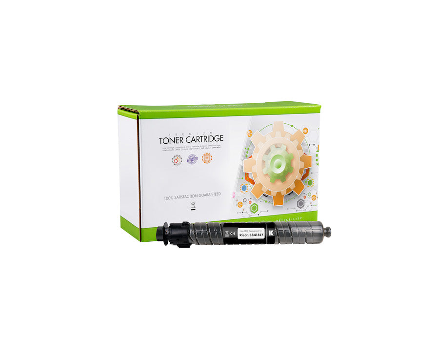 A black toner cartridge placed in front of its white and green retail box, shown on a plain white background.